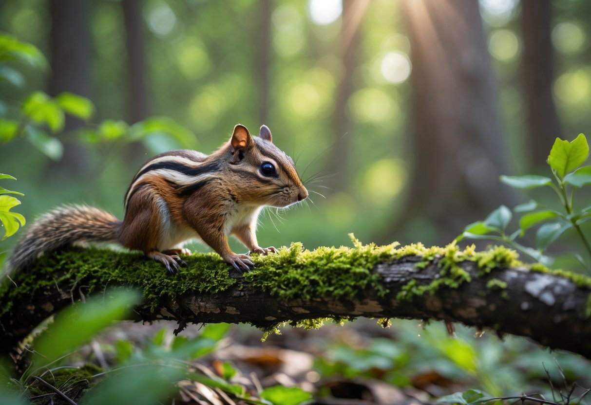 A single chipmunk sitting alone on a mossy tree branch in a green forest.