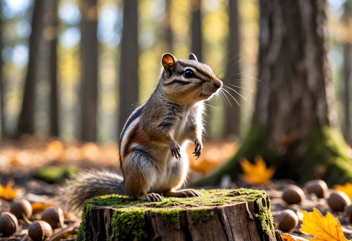 A chipmunk sitting on a tree stump surrounded by acorns and autumn leaves in a forest clearing.