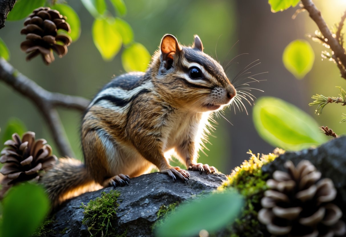 A chipmunk sitting on a tree branch surrounded by green leaves in a forest.