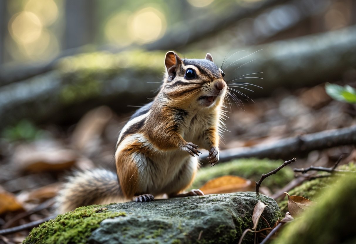 A chipmunk standing alert on a mossy rock in a forest, appearing scared and tense.