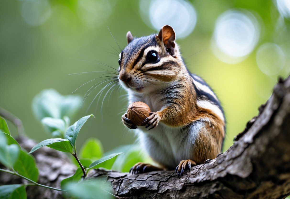Close-up of a chipmunk sitting on a tree branch in a forest, showing its distinctive striped fur and holding a nut.