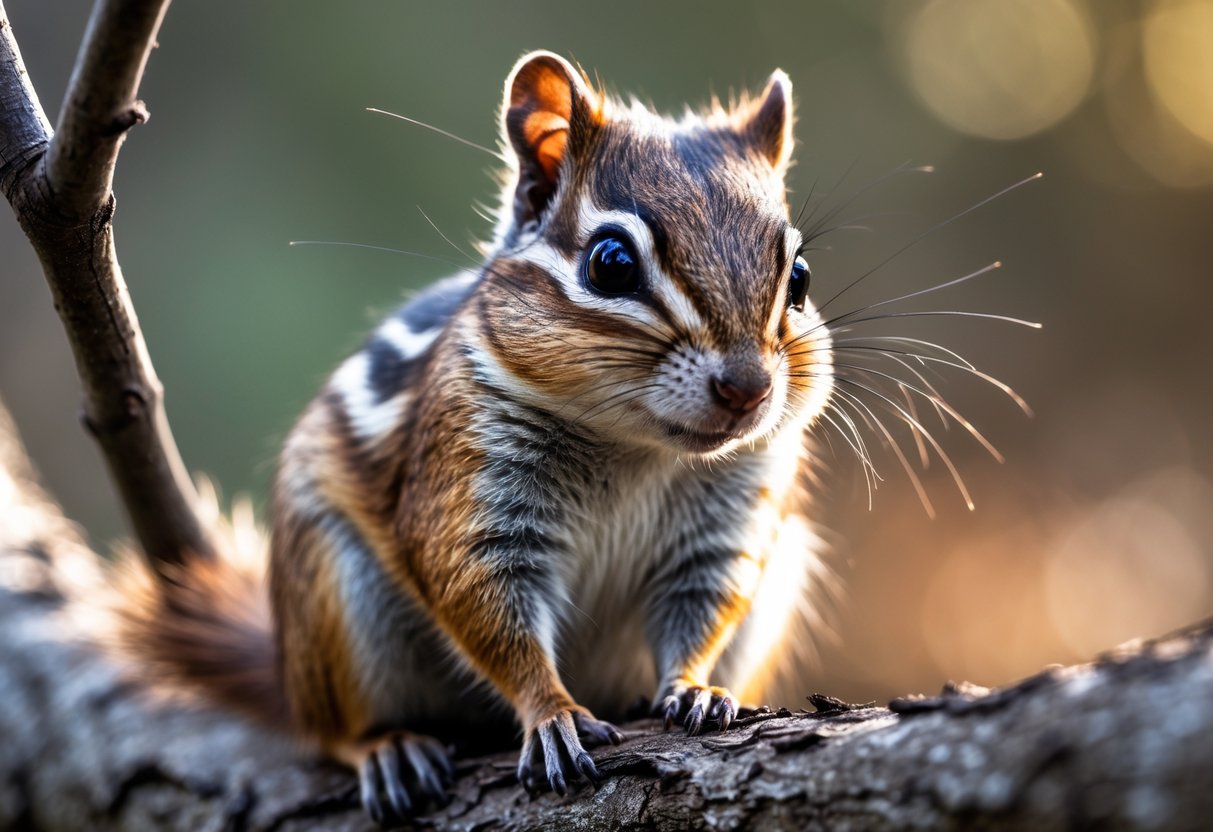 A chipmunk sitting on a tree branch in a forest, looking at the camera.