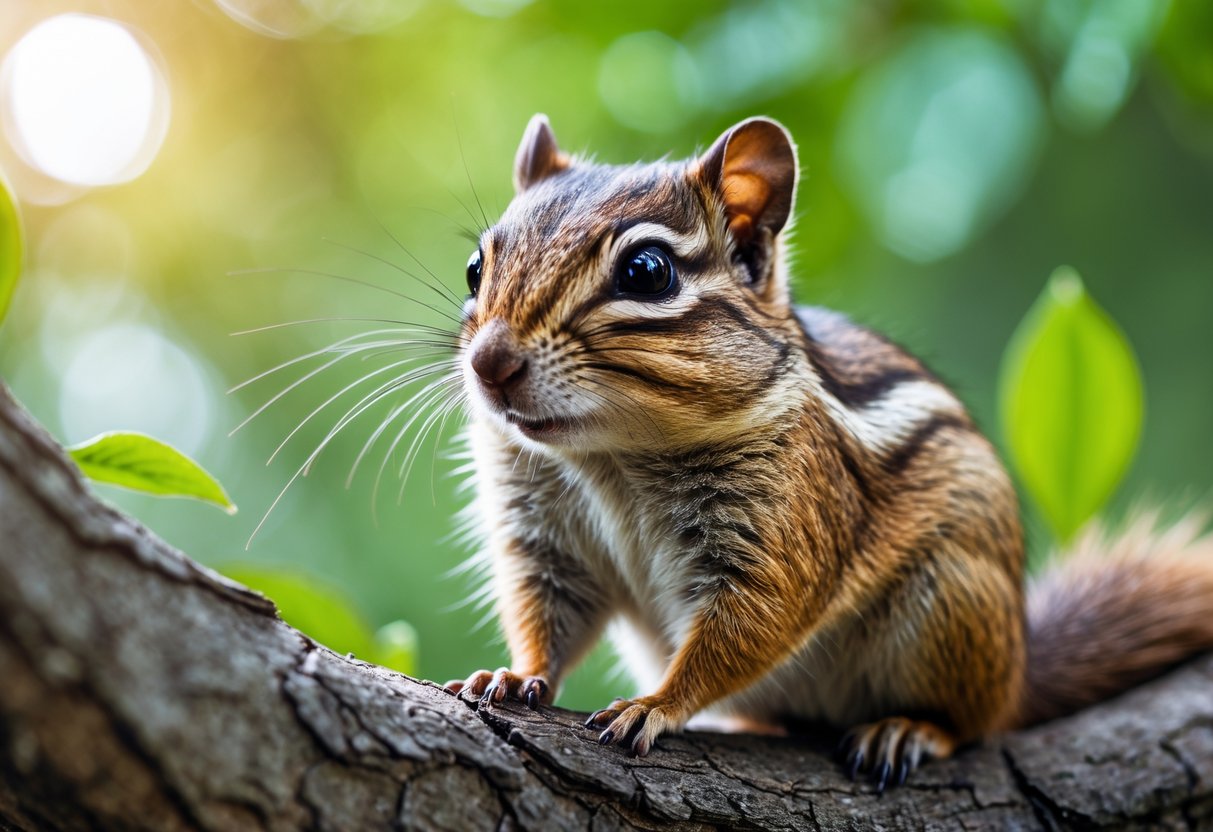 A chipmunk sitting on a tree branch in a forest, looking directly ahead with clear eyes.