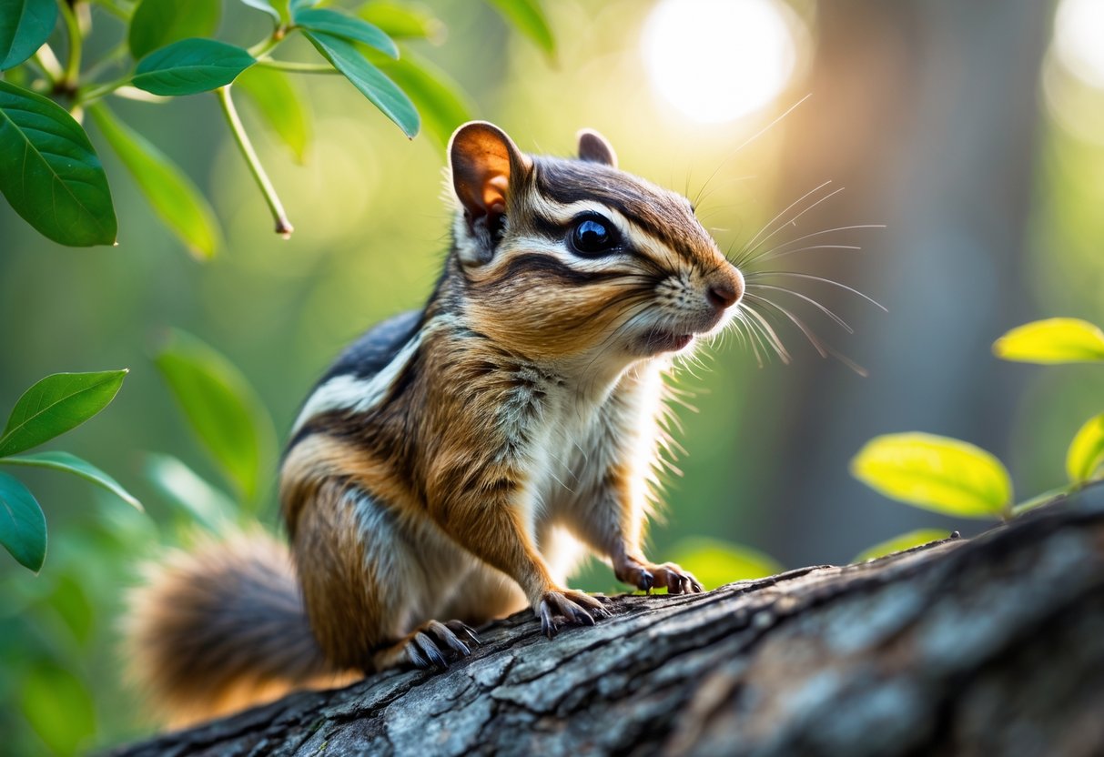 Close-up of a chipmunk sitting on a branch in a forest, looking attentively into the distance.