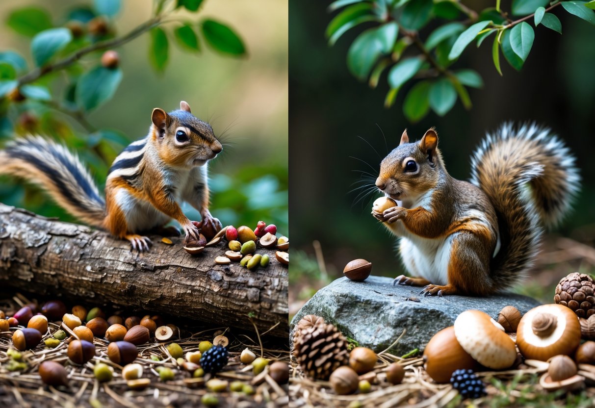 A chipmunk on a tree branch with acorns, seeds, berries, and nuts nearby, and a squirrel on a rock holding a nut surrounded by larger nuts, pine cones, fruits, and mushrooms in a forest setting.