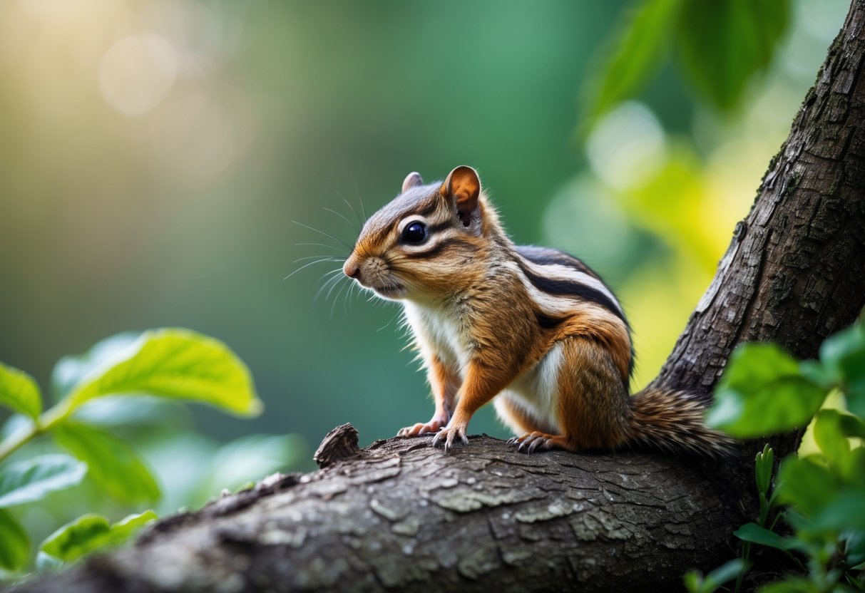 A chipmunk sitting on a tree branch surrounded by green leaves in a natural outdoor setting.