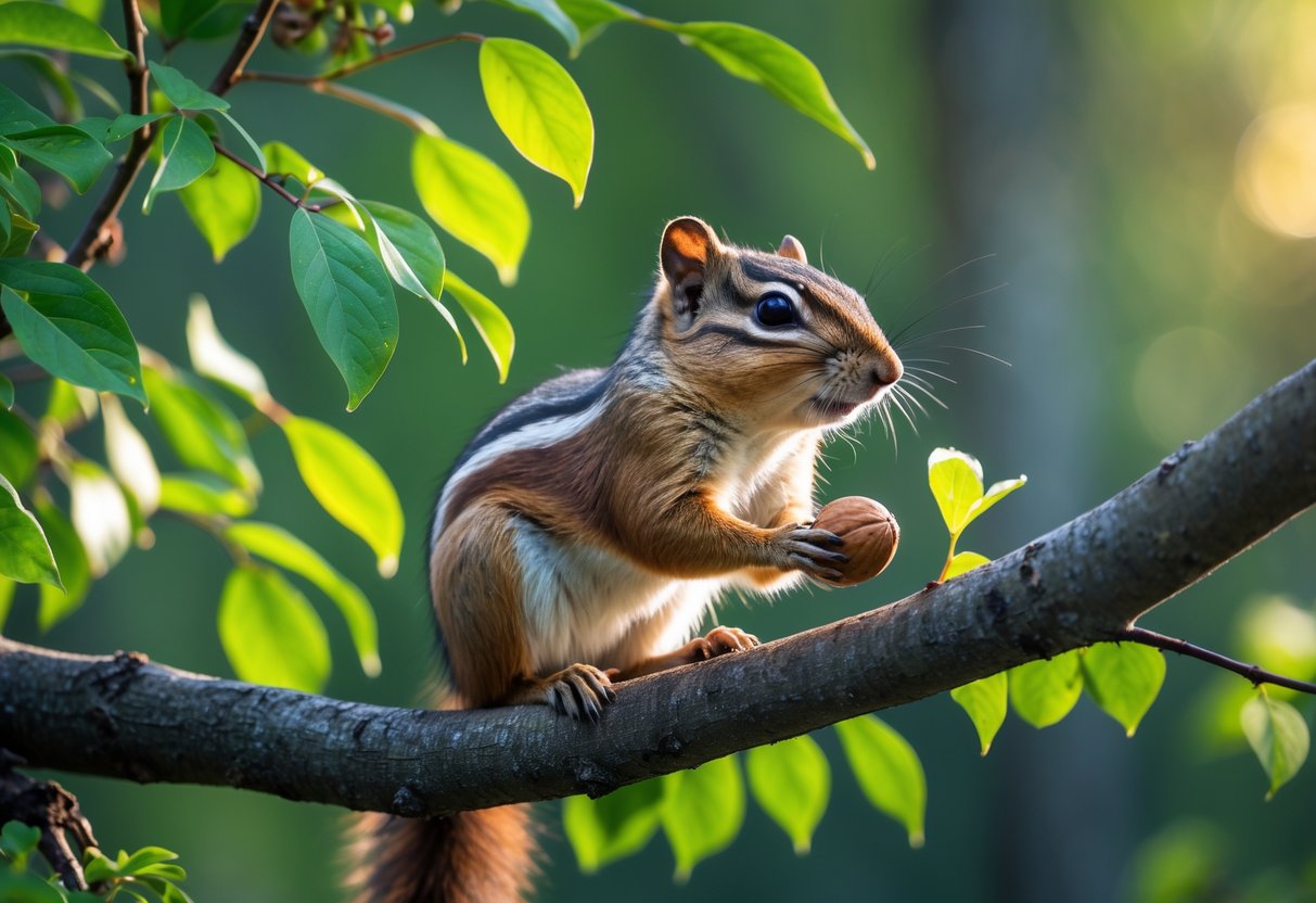 A chipmunk sitting on a tree branch surrounded by green leaves in a forest.