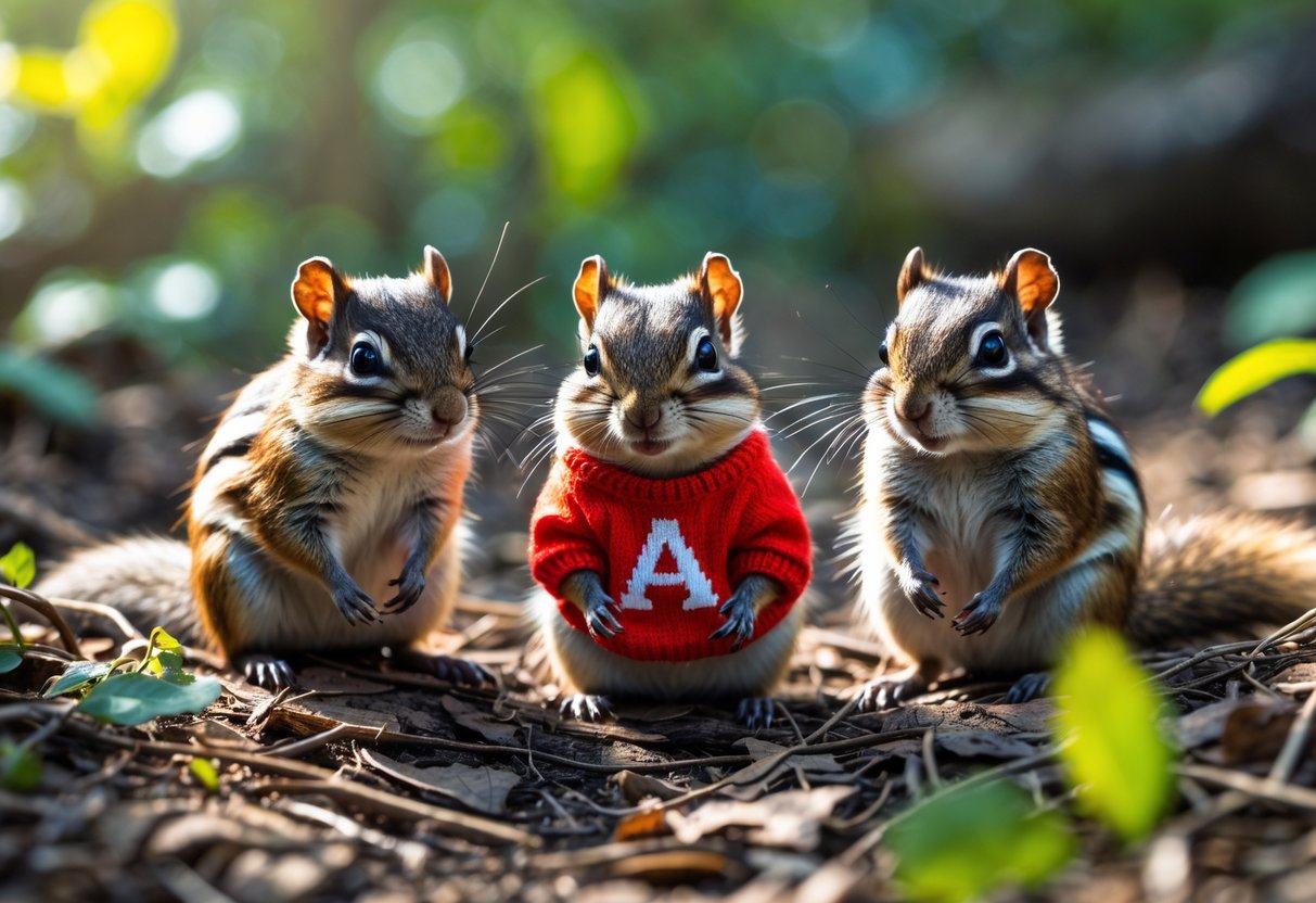 Three chipmunks sitting on a forest floor, with the middle chipmunk wearing a small red sweater while the others are unmarked.
