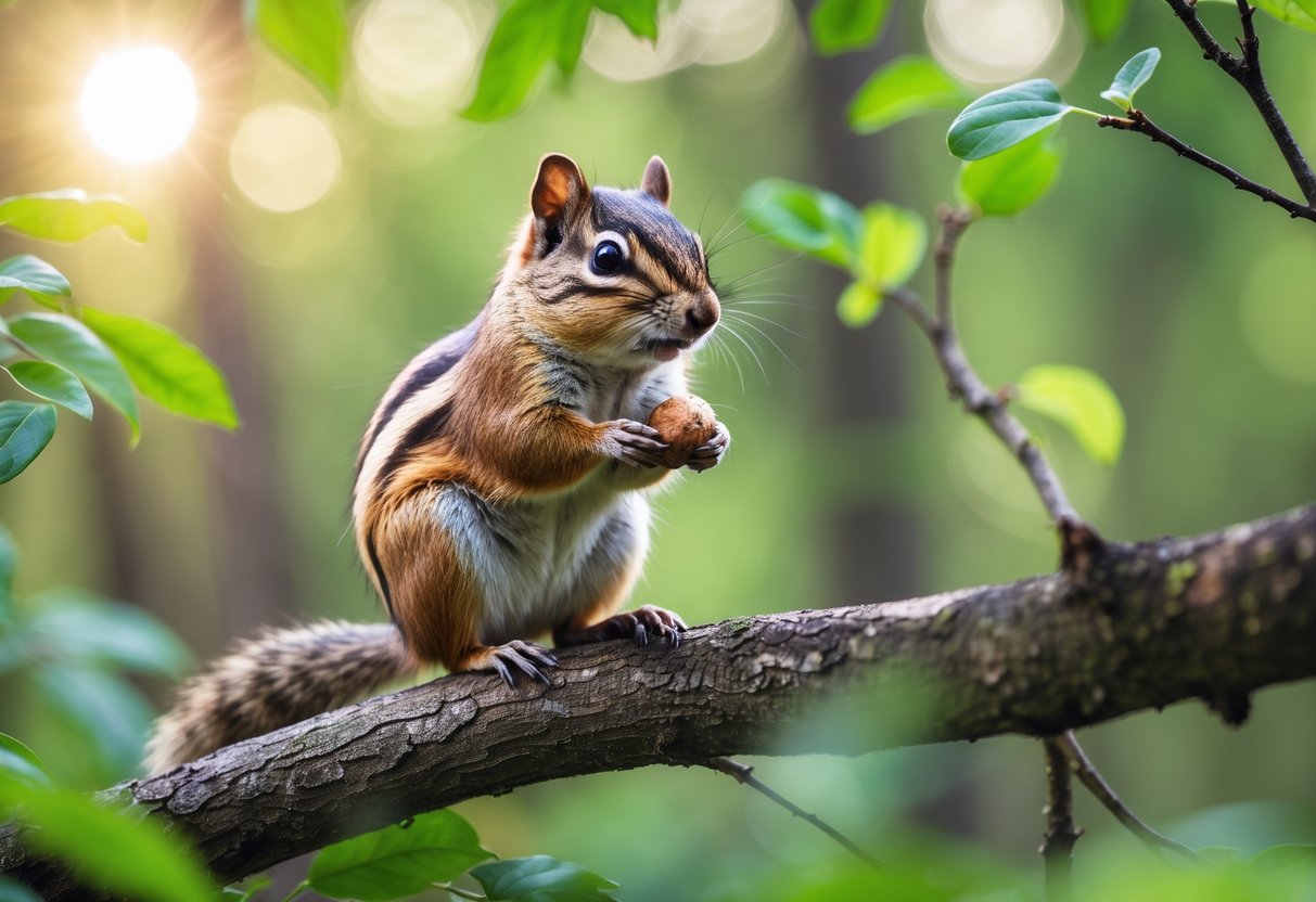 A chipmunk sitting on a tree branch surrounded by green leaves in a forest.