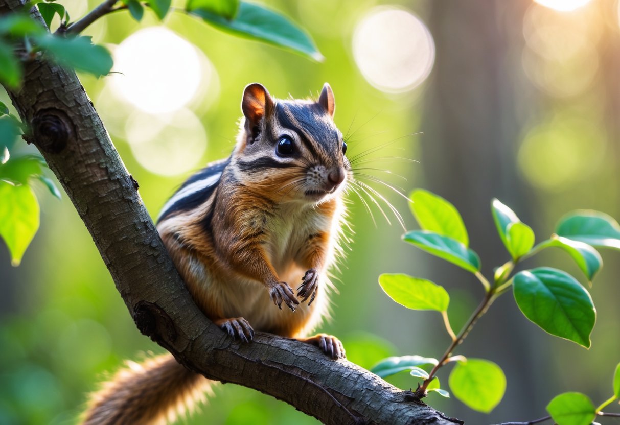 A chipmunk sitting on a tree branch surrounded by green leaves in a forest.