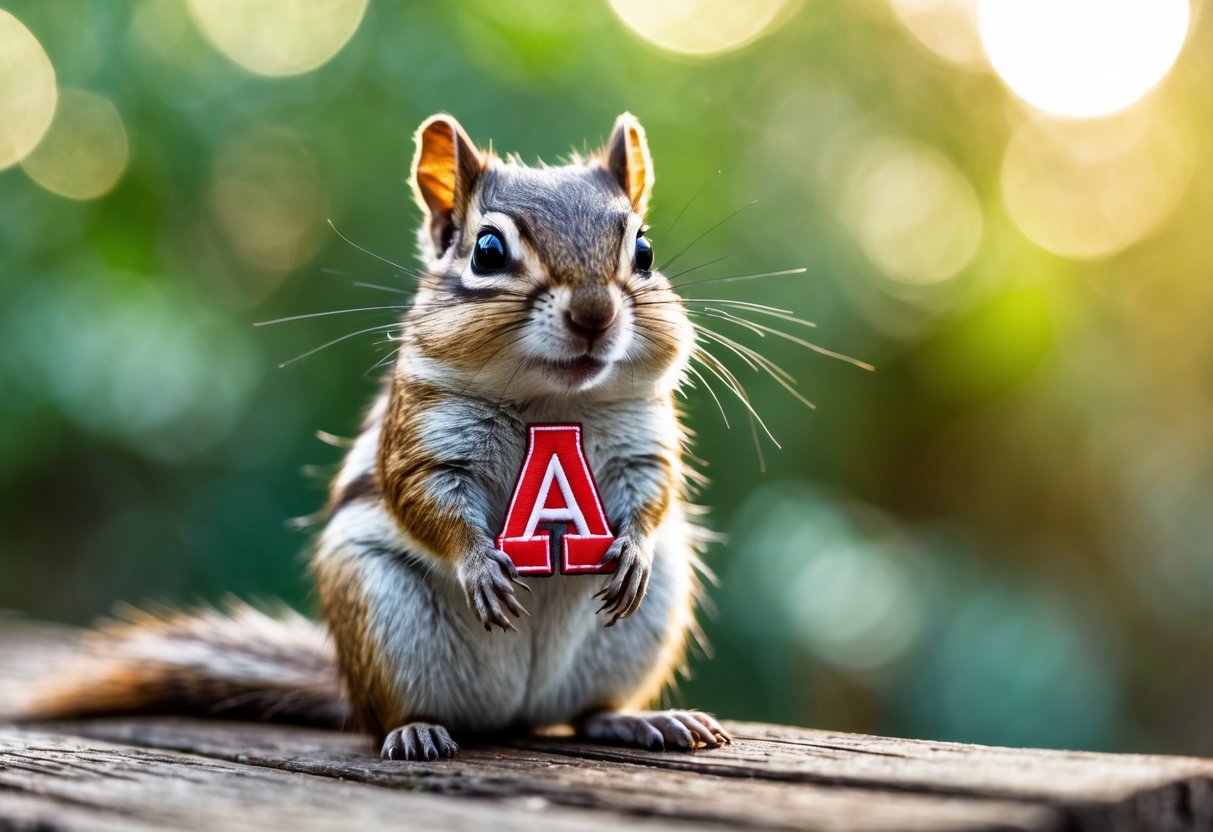 A chipmunk sitting on a wooden surface outdoors wearing a small red letter patch on its chest.