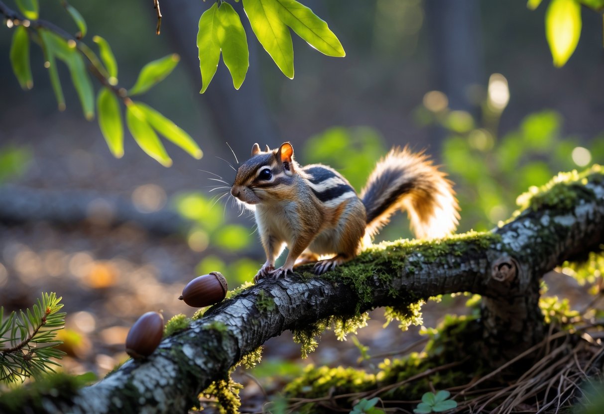 A chipmunk sitting on a mossy tree branch in a forest with green leaves and sunlight filtering through.