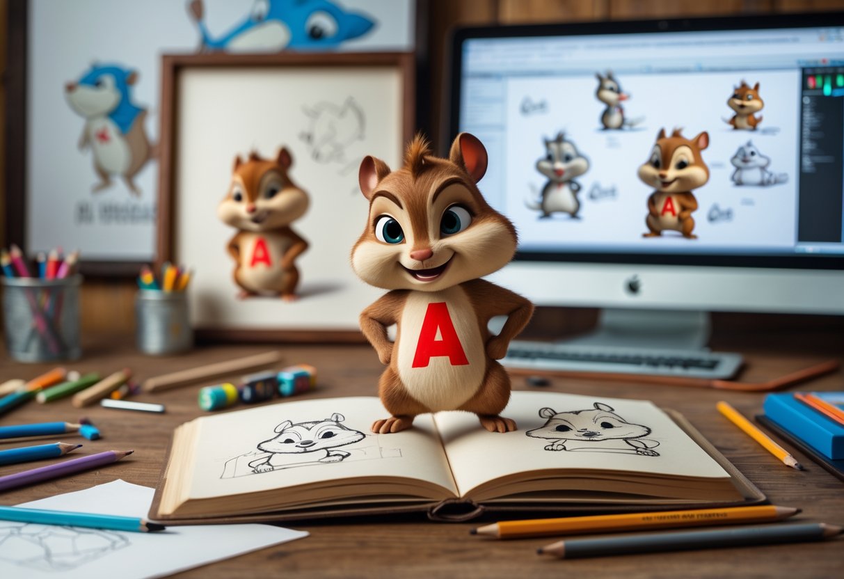 A workspace with a sketchbook open to a chipmunk drawing featuring a red letter on its chest, surrounded by art supplies and animation concept art.