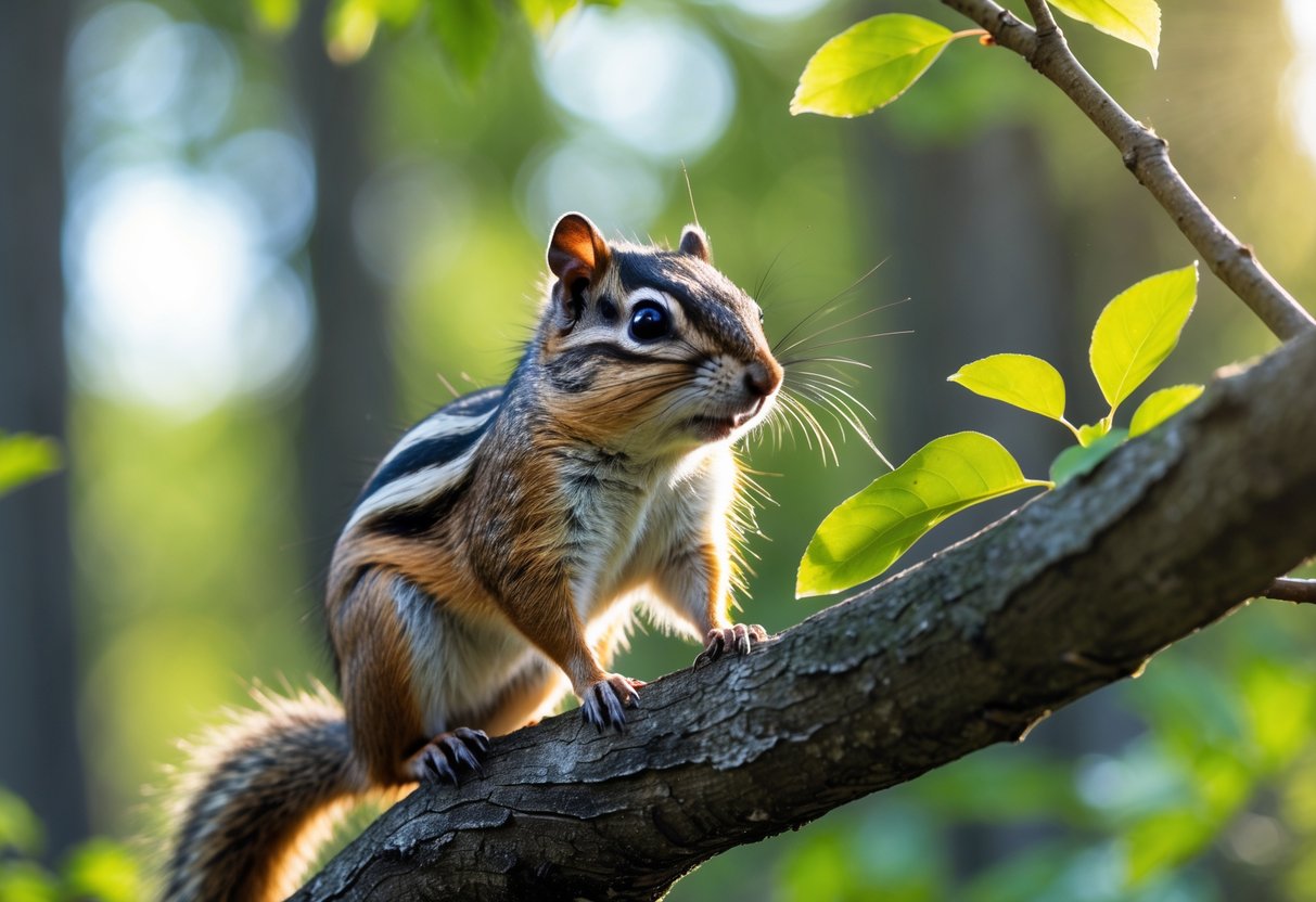 A chipmunk sitting on a tree branch in a forest with green leaves and sunlight.