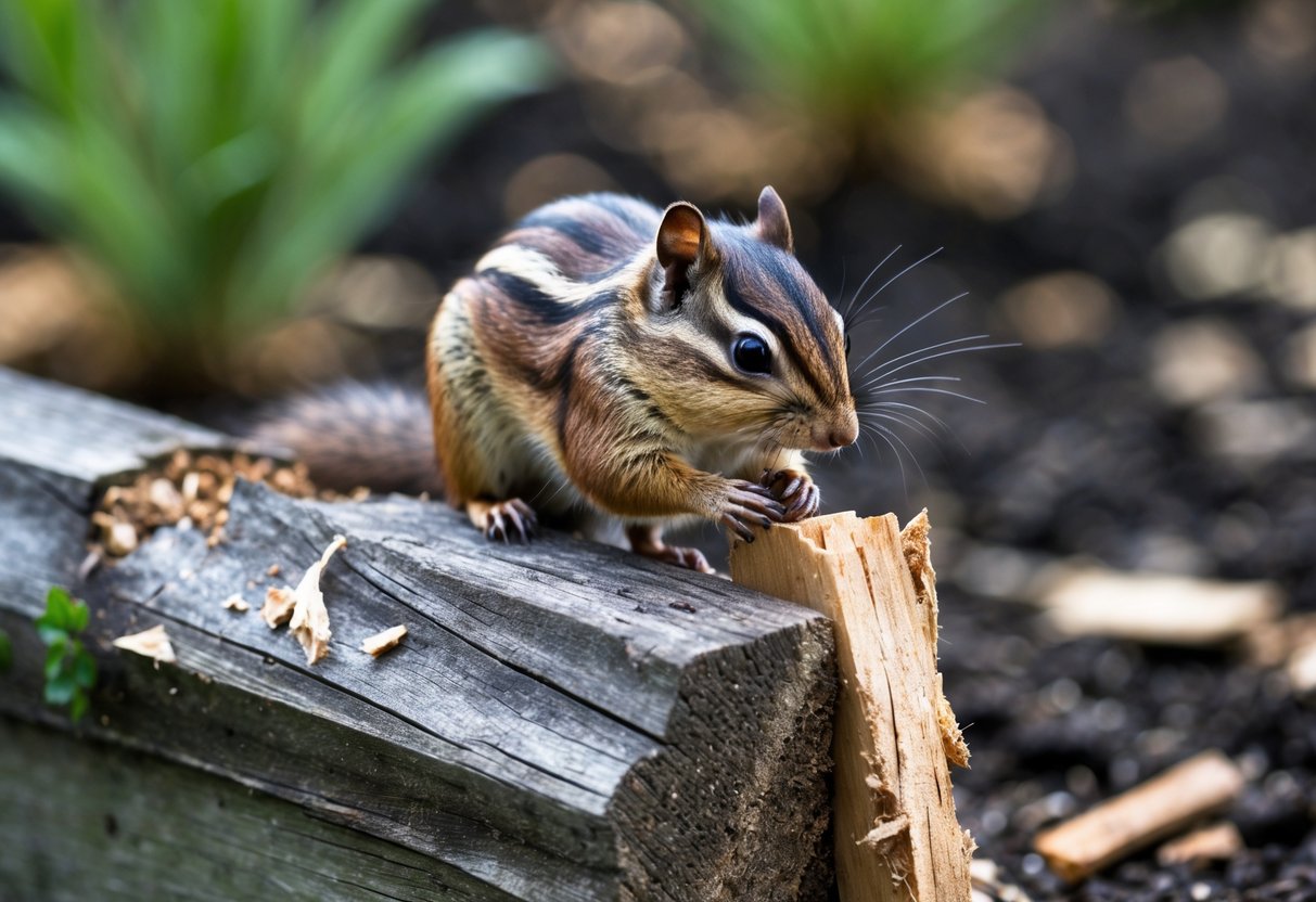 A chipmunk gnawing on a wooden fence post with wood chips around it in a garden.