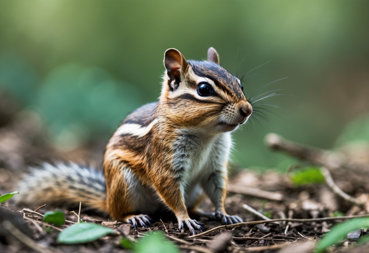 A chipmunk sitting on the forest floor surrounded by leaves and greenery.