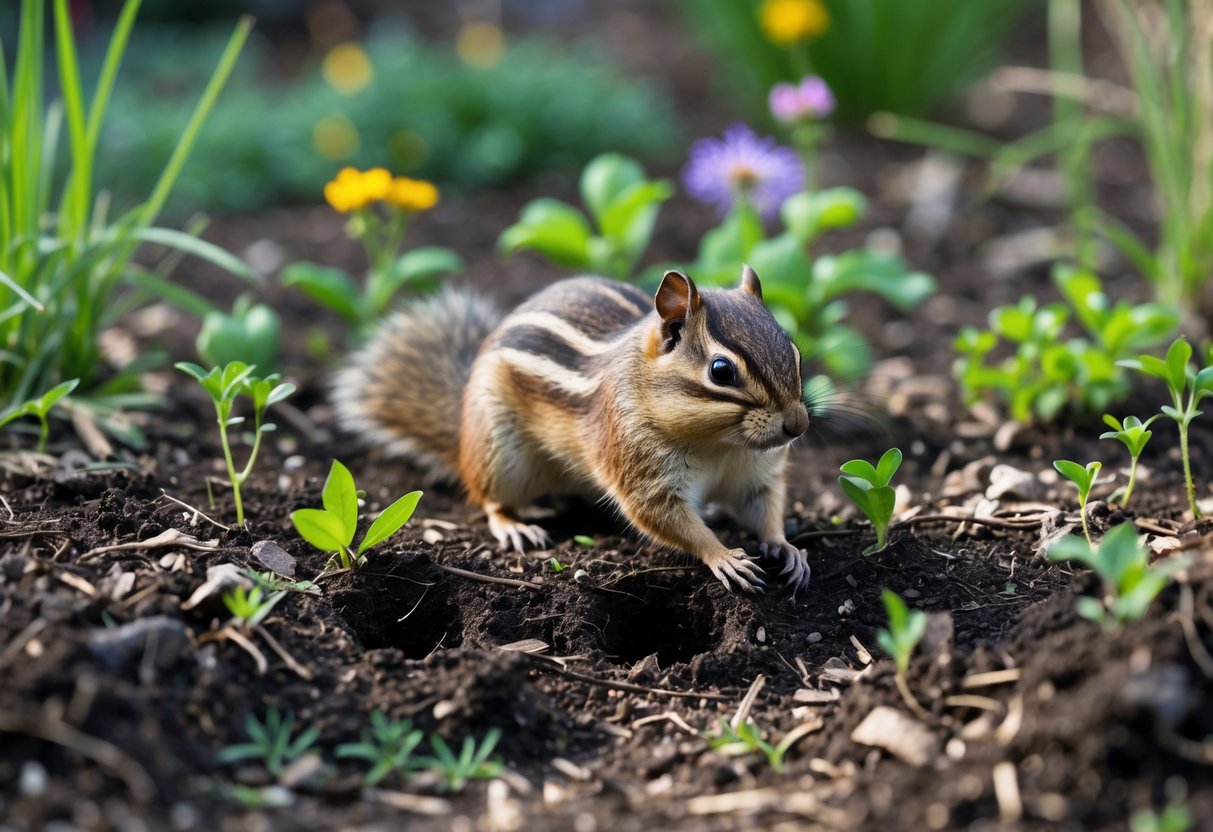 A chipmunk digging and foraging in a garden with disturbed soil and plants around it.