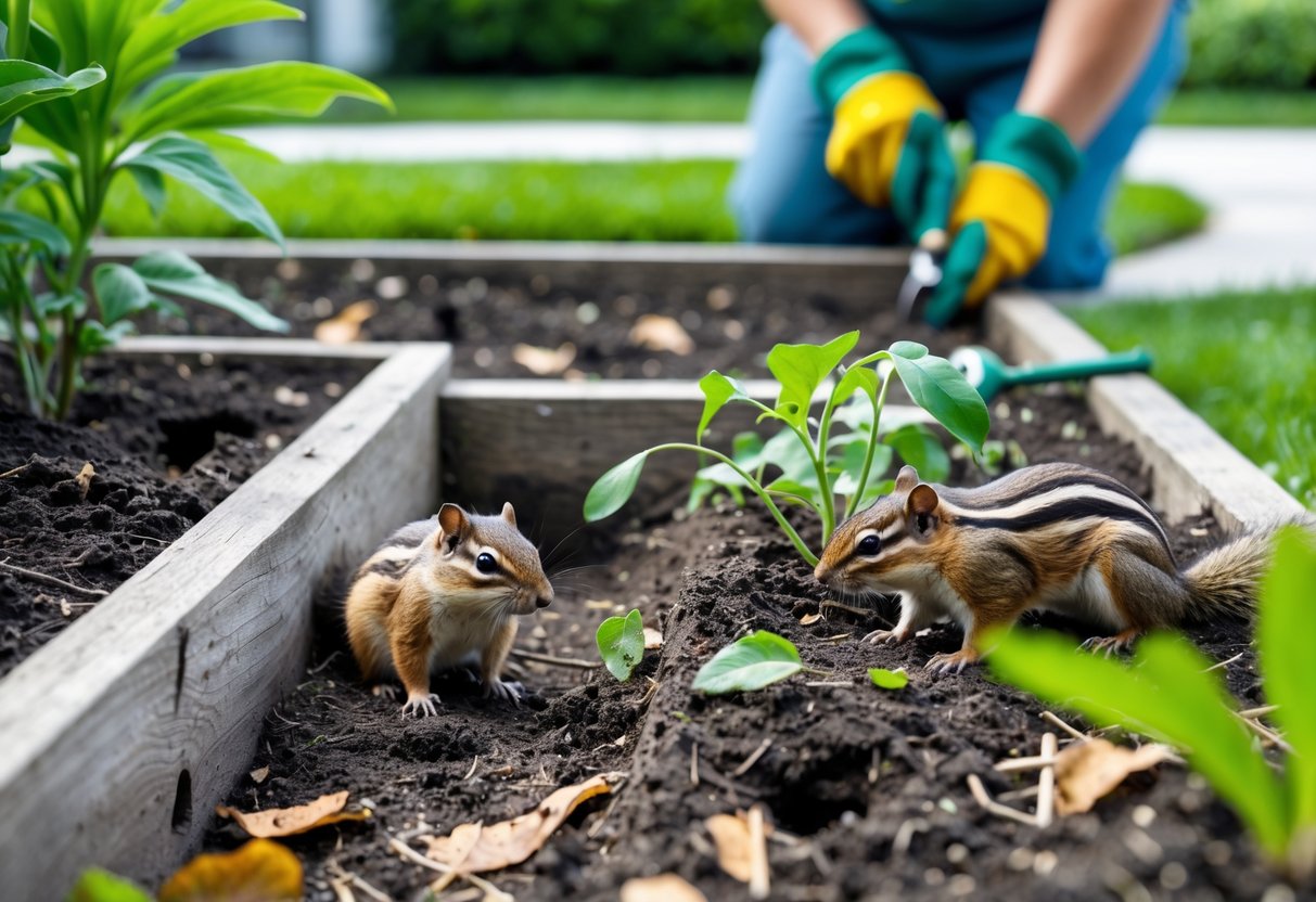 A chipmunk near a garden bed with damaged plants and disturbed soil, while a homeowner inspects the area with gardening tools.