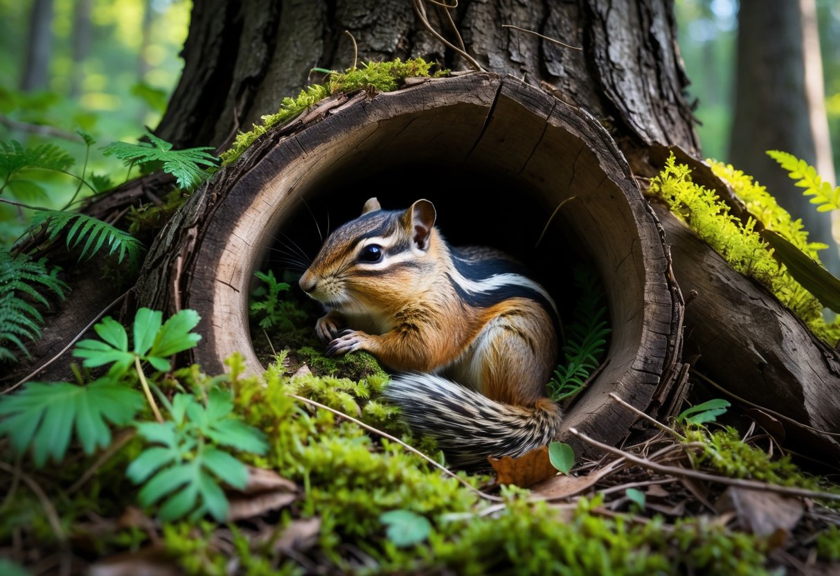 A chipmunk sleeping curled up inside a hollow tree trunk surrounded by moss, leaves, and forest plants.