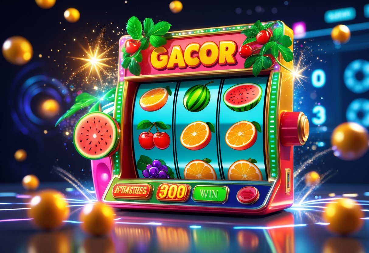 Mesin slot berwarna cerah dengan gambar buah segar seperti ceri, semangka, dan stroberi di latar pasar yang hidup dan penuh warna.