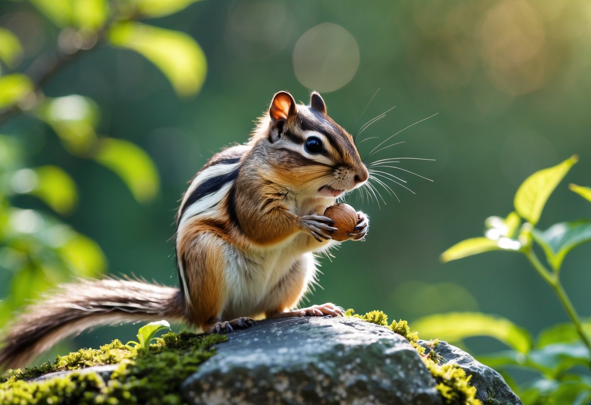 A rare chipmunk sitting on a mossy rock surrounded by green plants in a forest.
