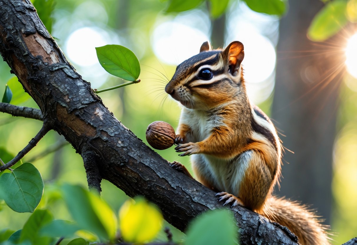 A chipmunk sitting on a tree branch holding a nut in a forest.