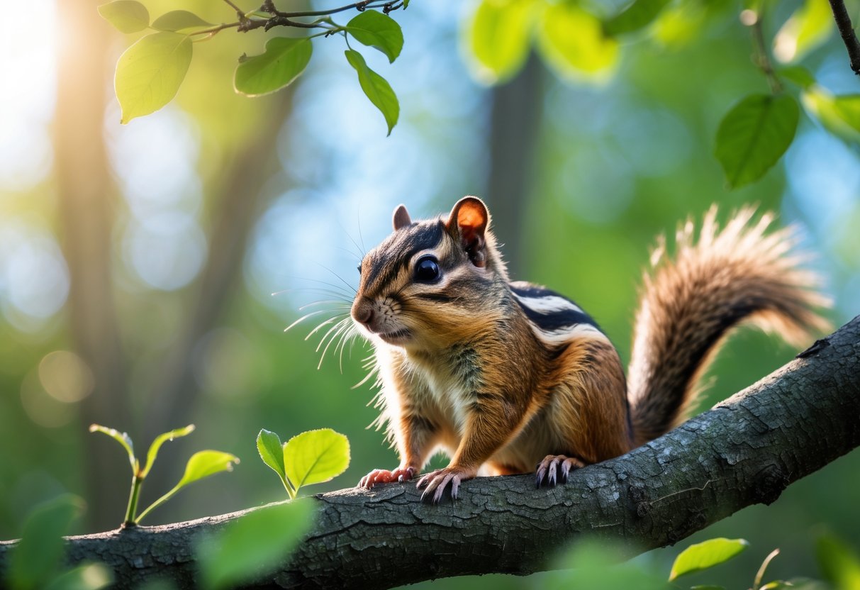 A chipmunk sitting on a tree branch surrounded by green leaves in a forest.