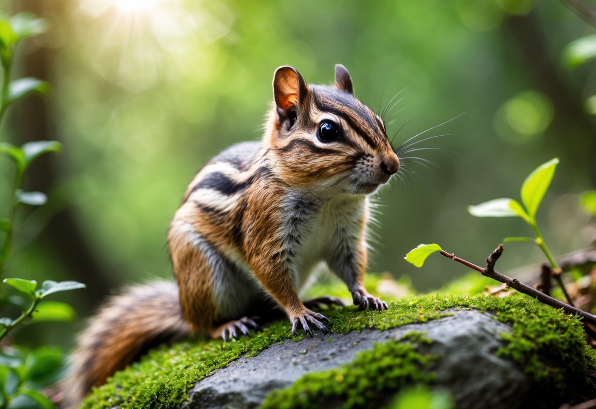 A rare chipmunk sitting on a mossy rock surrounded by green plants in a forest.