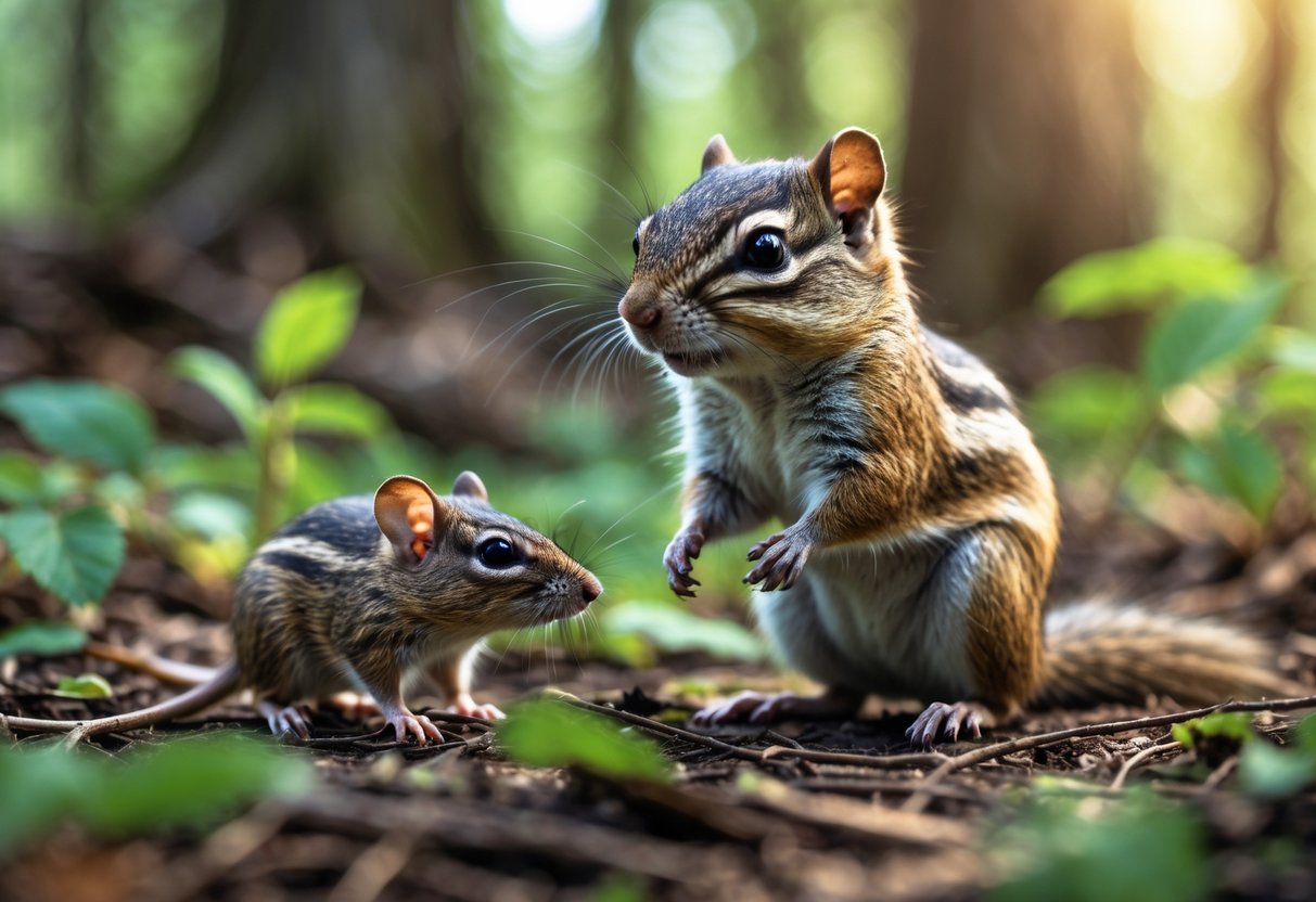 A chipmunk standing near a small mouse model on the forest floor surrounded by green foliage.