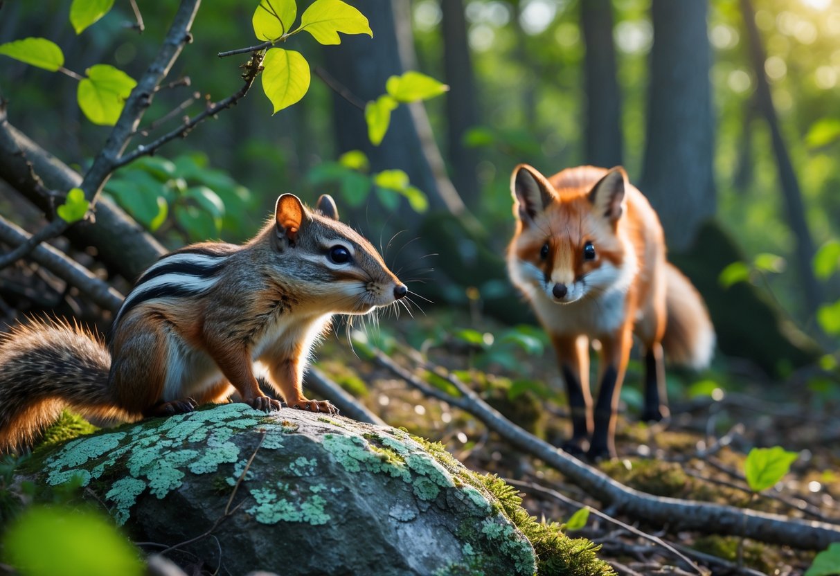 A chipmunk on a rock in a forest with a red fox approaching stealthily in the background.