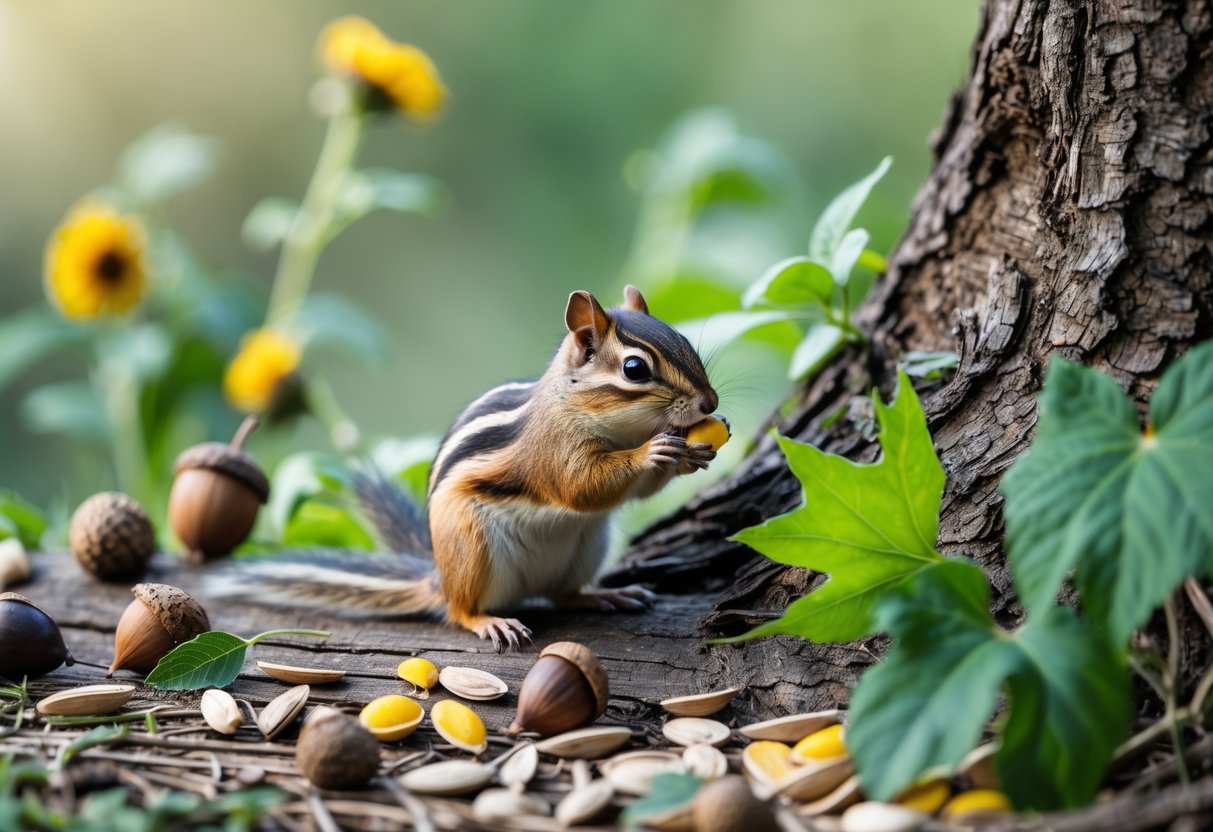 A chipmunk eating seeds near a tree branch surrounded by acorns and green plants.