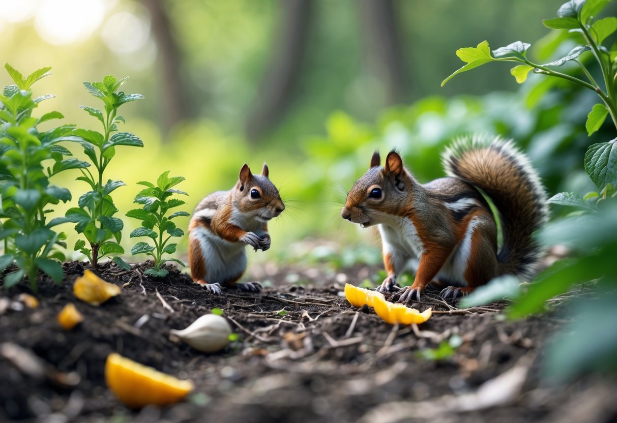 A squirrel and a chipmunk cautiously sniff near plants and citrus peels on the forest floor.