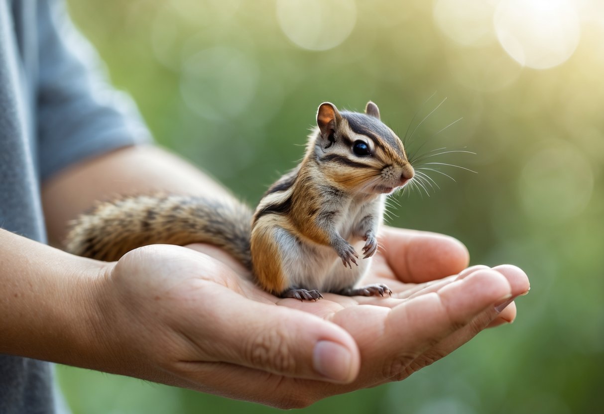 A chipmunk sitting on a person's open hand outdoors with green foliage in the background.