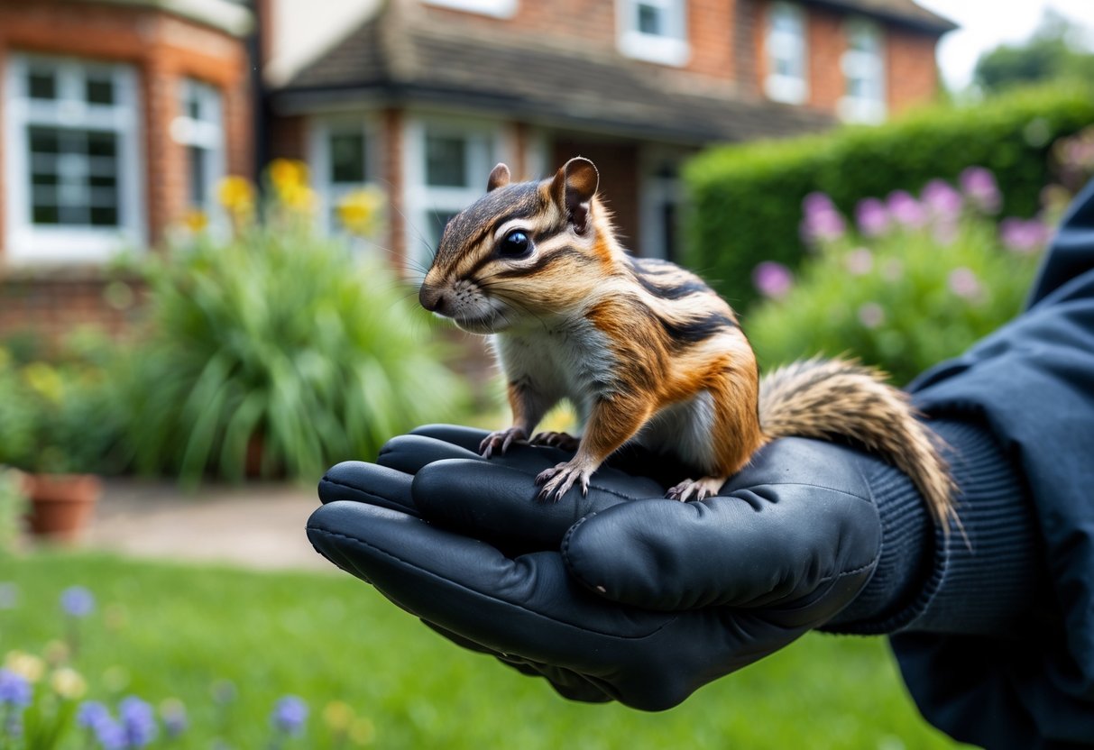 A person holding a small chipmunk outdoors in a garden near a red-brick house.