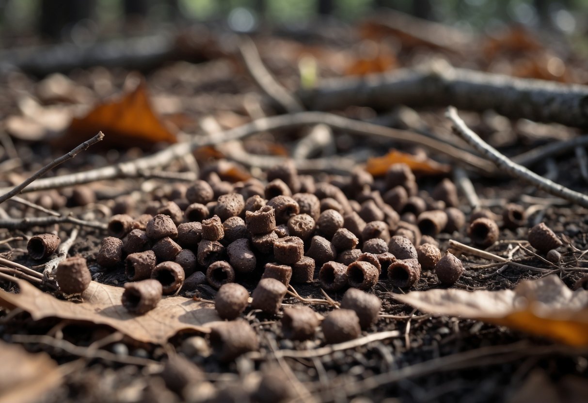 Close-up of small dark brown chipmunk droppings on a forest floor with dry leaves and twigs.