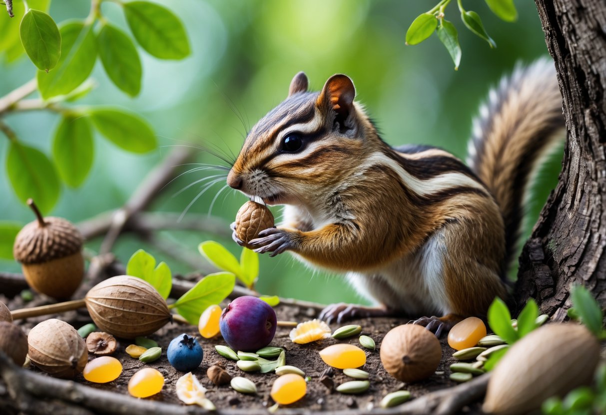 A chipmunk eating an acorn surrounded by seeds, berries, and nuts in a forest setting.