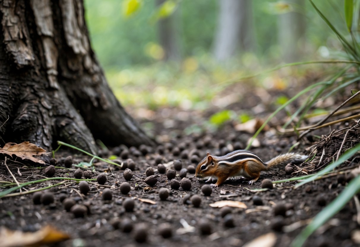 Close-up of chipmunk droppings scattered on soil and leaf litter in a natural outdoor setting near plants.