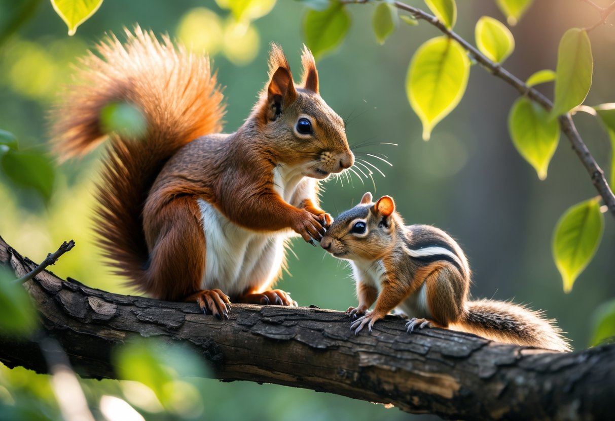 A squirrel and a chipmunk sitting close together on a tree branch in a forest.