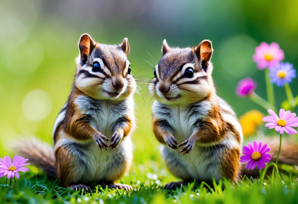 Two chipmunks standing together outdoors on grass with flowers.