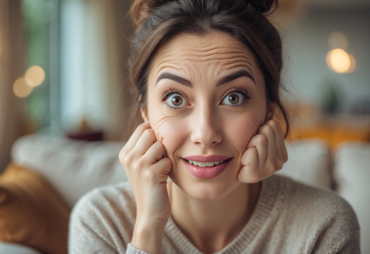 A young woman with puffed cheeks and a playful expression indoors in a cozy setting.