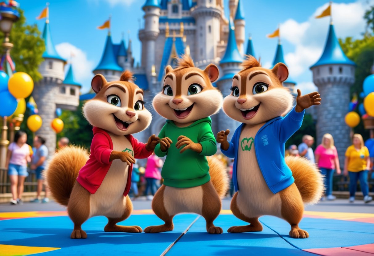 Three cheerful chipmunks standing together near a castle in a colorful theme park with visitors and balloons around.