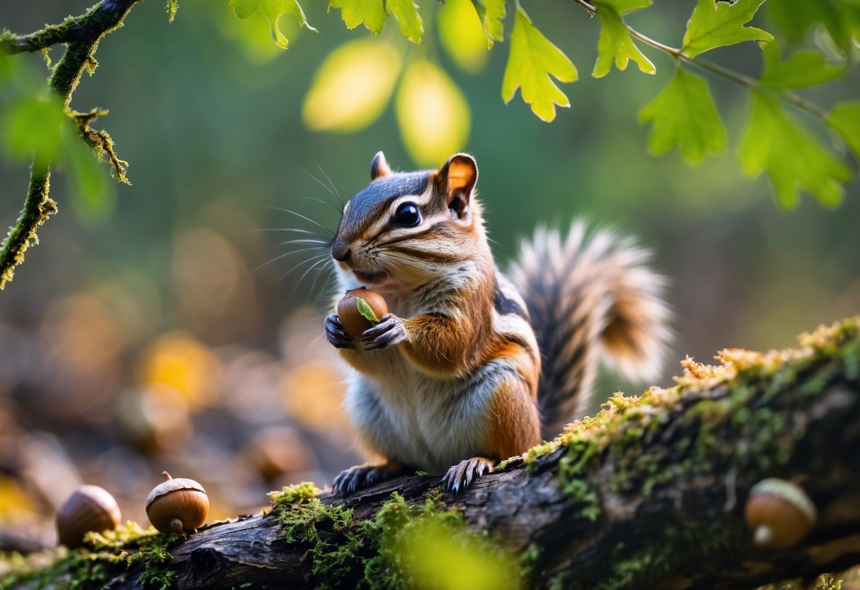 A chipmunk holding and eating an acorn on a tree branch in a forest.