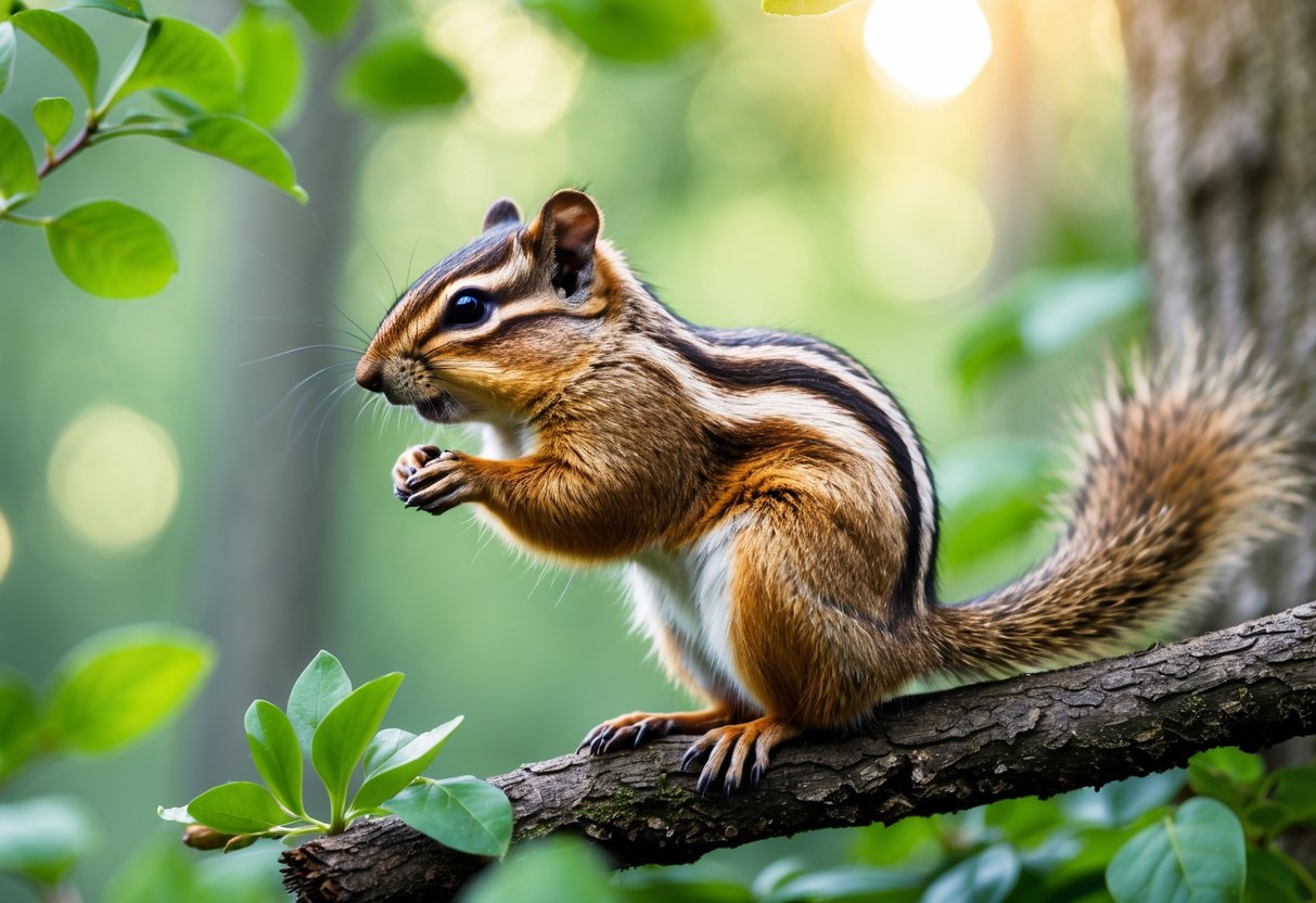 A chipmunk sitting on a tree branch in a forest, surrounded by green leaves.