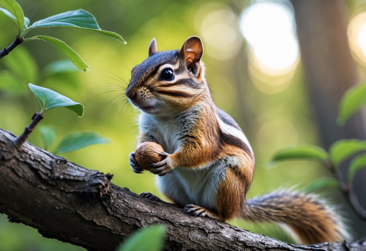 A chipmunk sitting on a tree branch in a forest holding a nut.