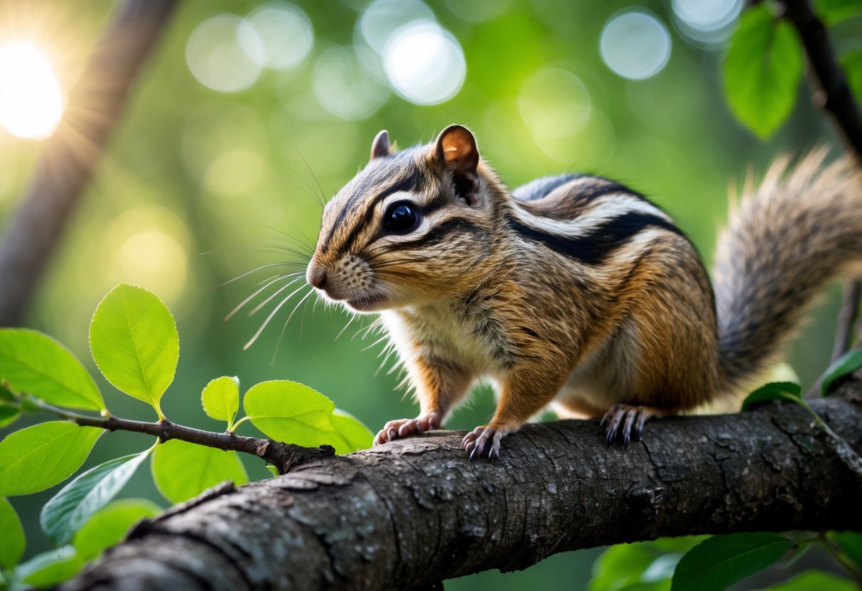 A chipmunk sitting on a tree branch surrounded by green leaves in a forest setting.