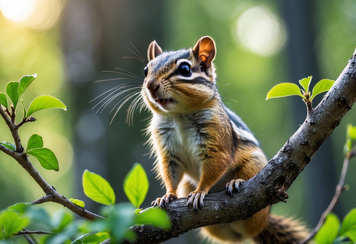 A chipmunk sitting on a tree branch in a forest, looking curiously toward the camera.