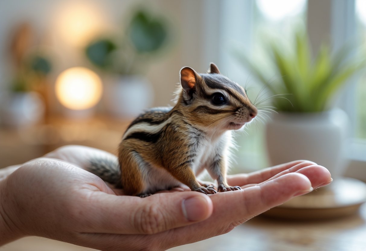 A chipmunk sitting calmly on a person's hand inside a cozy home.