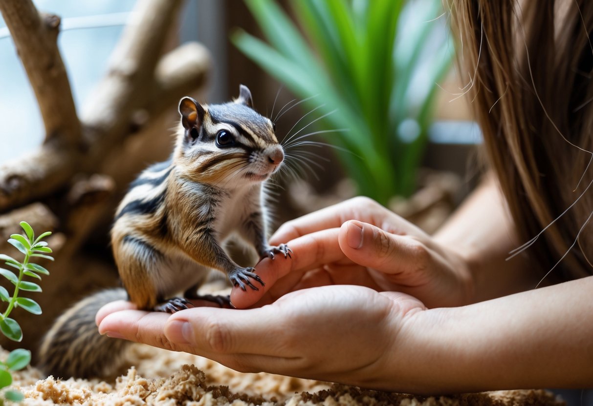 A person gently holding a pet chipmunk inside a naturalistic enclosure with plants and wood branches.