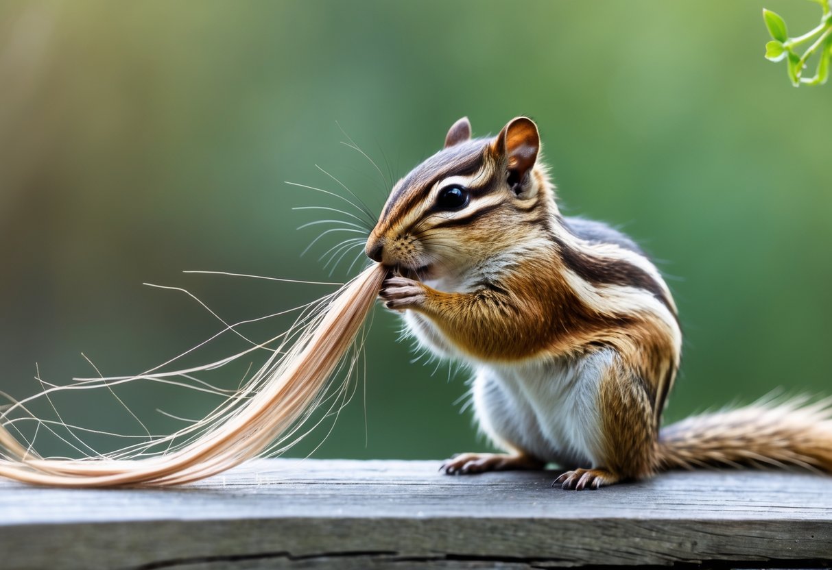 A chipmunk on a wooden surface closely inspecting strands of human hair with green foliage in the background.