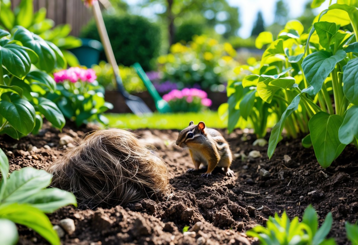 A chipmunk near a garden bed with a small pile of human hair on the soil surrounded by green plants and flowers.